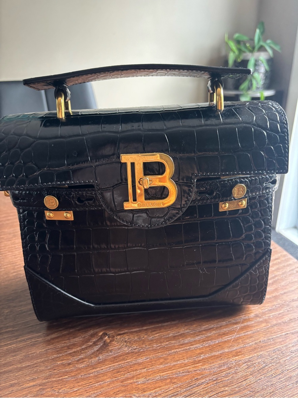 Balmain Black Croc-Embossed Top Handle Satchel with Gold 'B' Hardware
